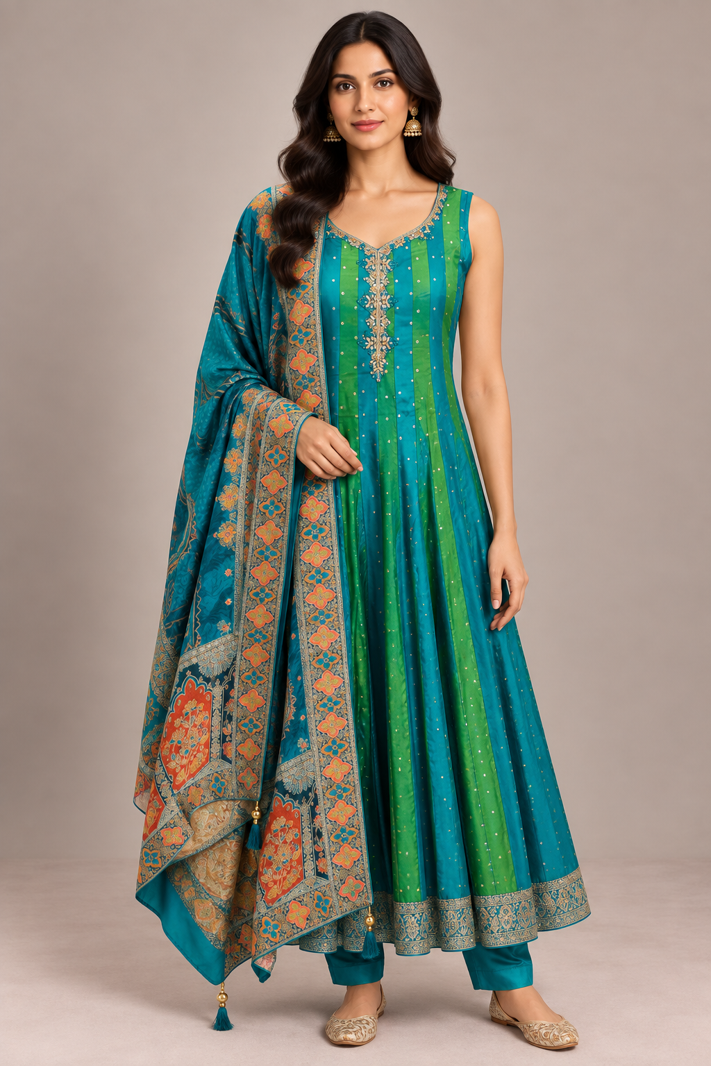Teal & Green Silk Anarkali Set
