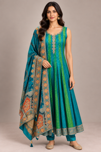 Teal & Green Silk Anarkali Set
