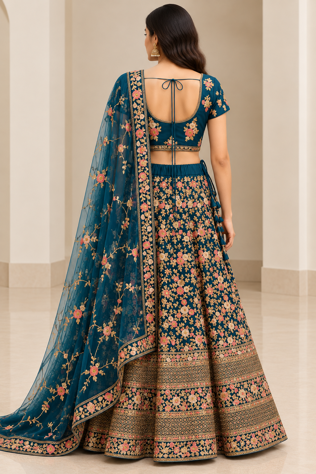 Teal Blue Floral Embroidered Lehenga Choli with Dupatta
