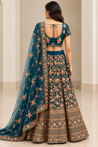 Teal Blue Floral Embroidered Lehenga Choli with Dupatta