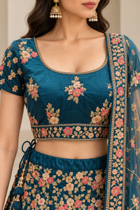 Teal Blue Floral Embroidered Lehenga Choli with Dupatta