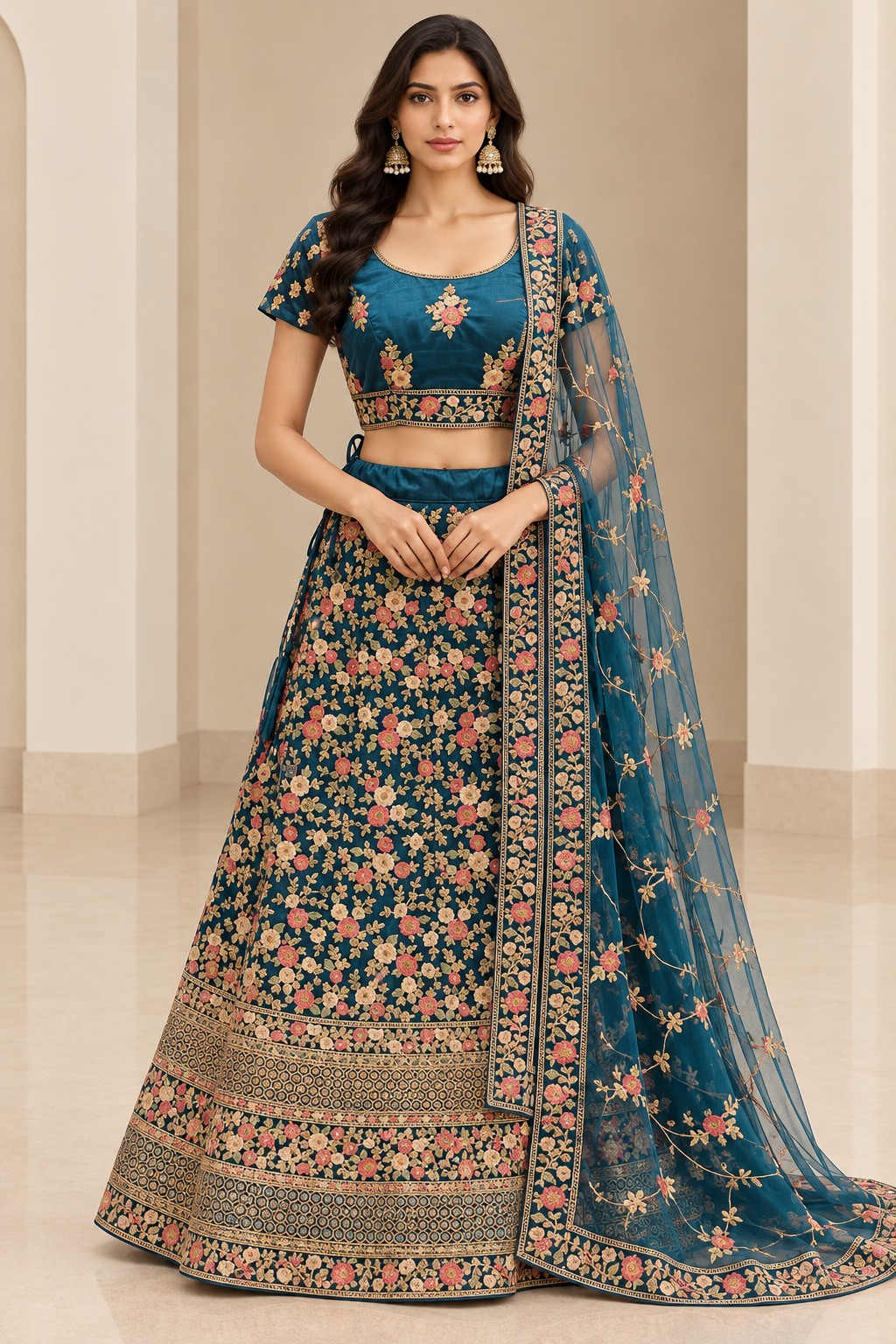 Teal Blue Floral Embroidered Lehenga Choli with Dupatta