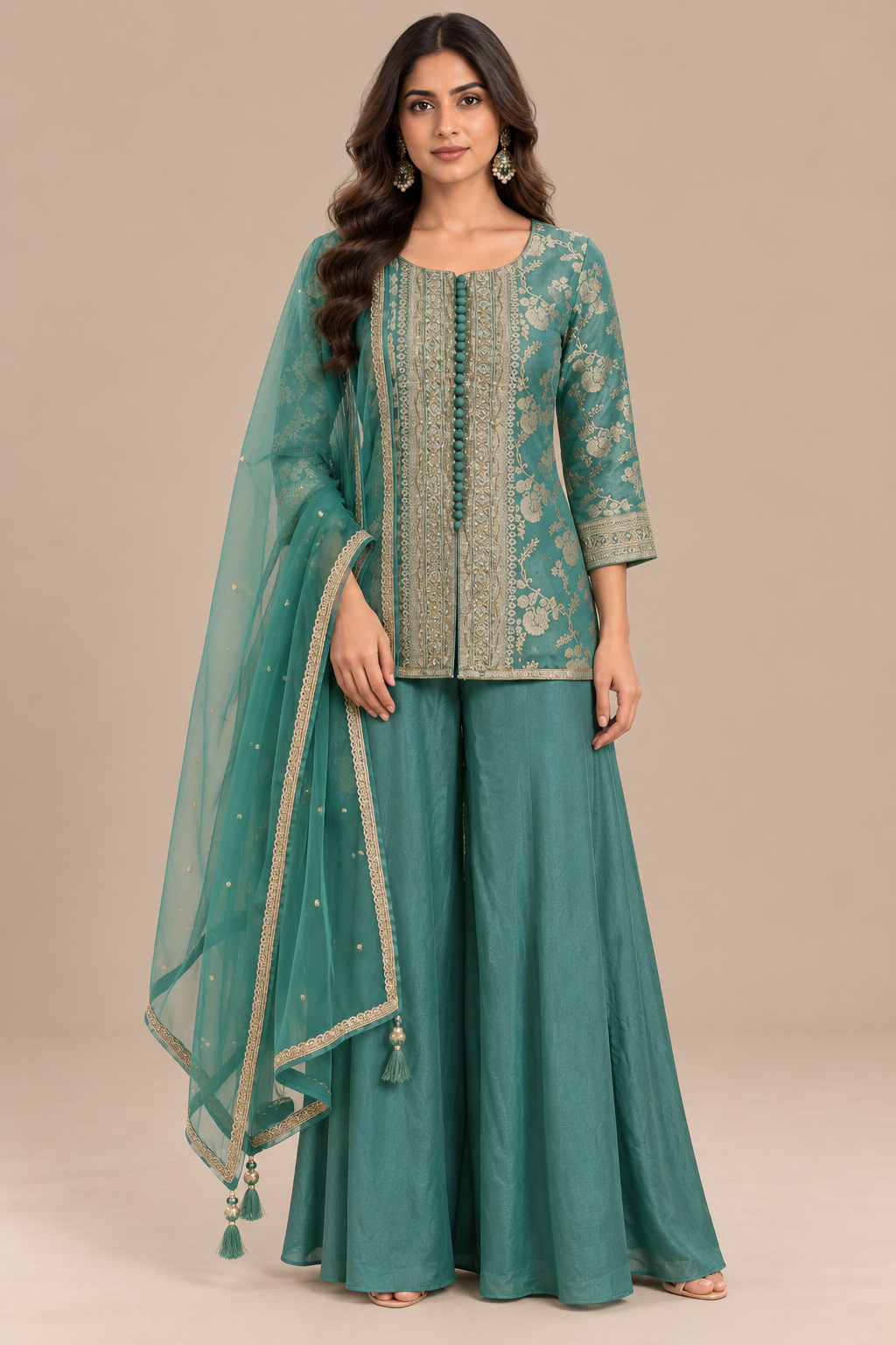 Aqua Blue Brocade Silk Sharara Suit Set with Embroidered Dupatta