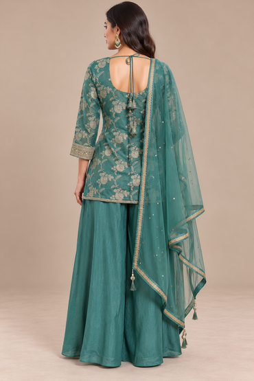 Aqua Blue Brocade Silk Sharara Suit Set with Embroidered Dupatta