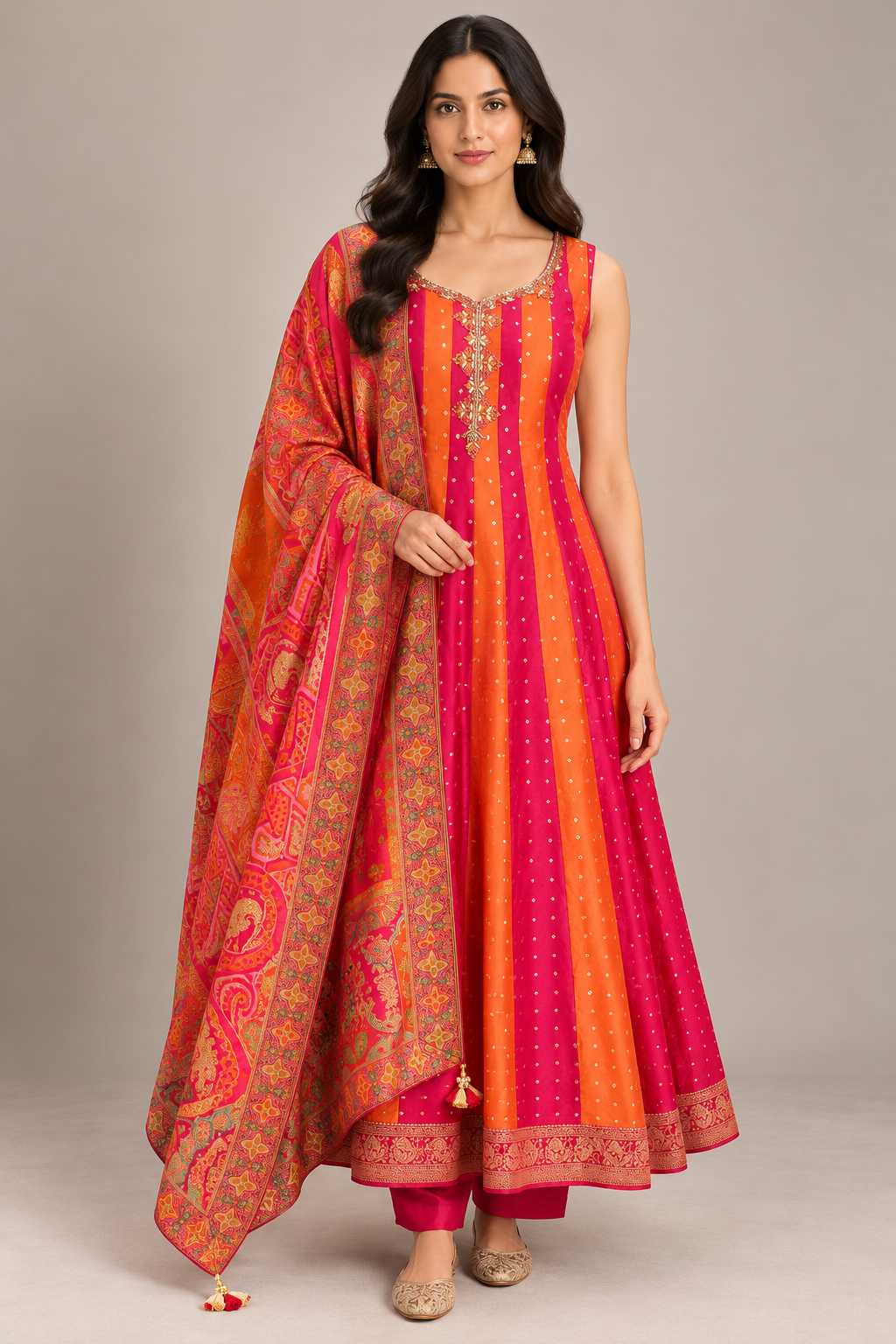 Fuchsia Pink & Orange Silk Anarkali Set