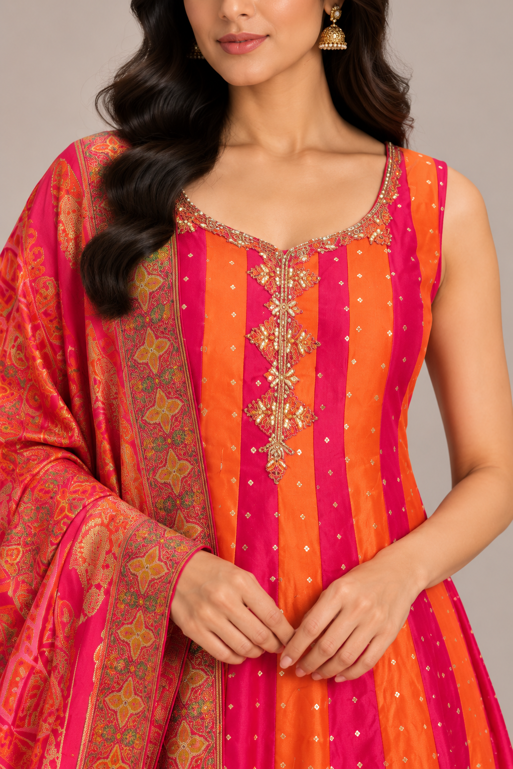 Fuchsia Pink & Orange Silk Anarkali Set