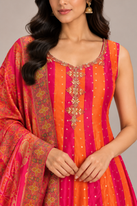 Fuchsia Pink & Orange Silk Anarkali Set