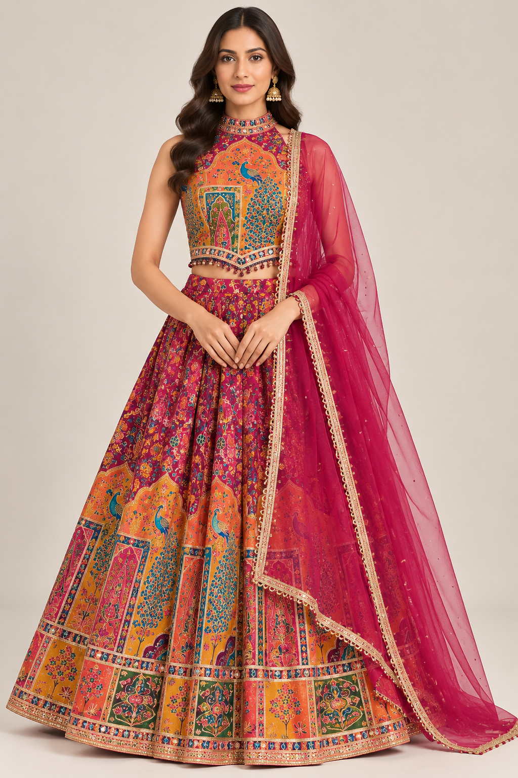Multicolour Peacock Motif Lehenga Choli with Pink Dupatta