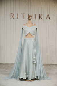 Ice Blue Tissue Embellished Lehenga Set with Cape Dupatta
