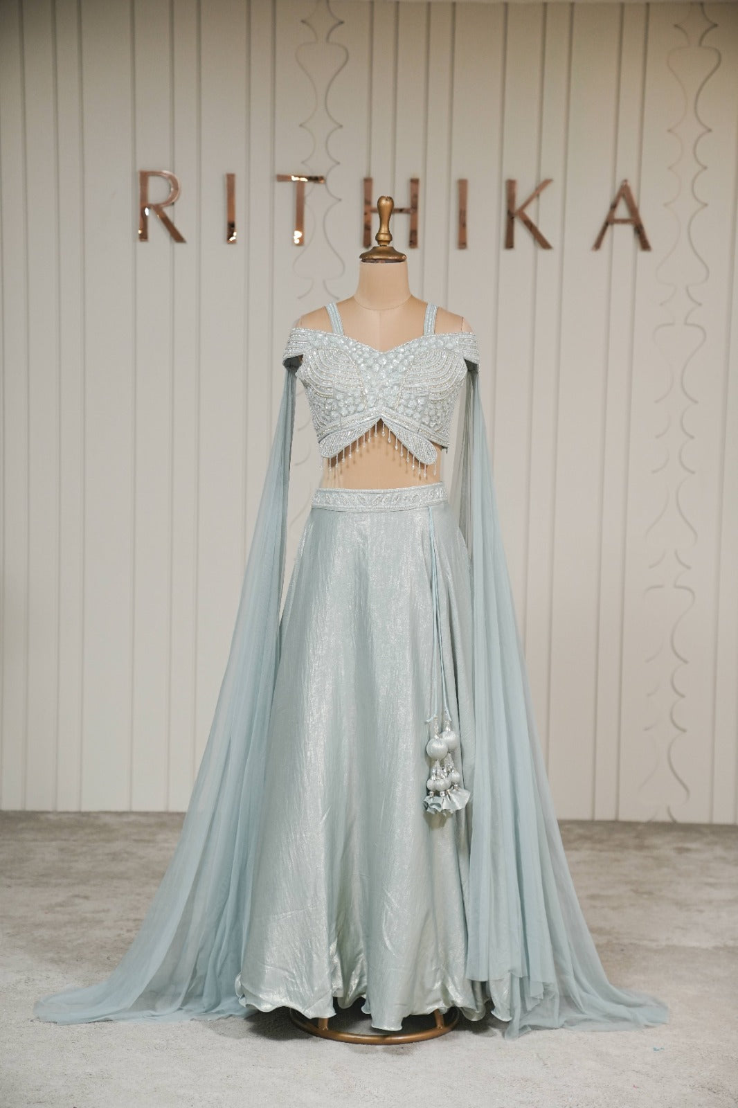 Ice Blue Tissue Embellished Lehenga Set with Cape Dupatta