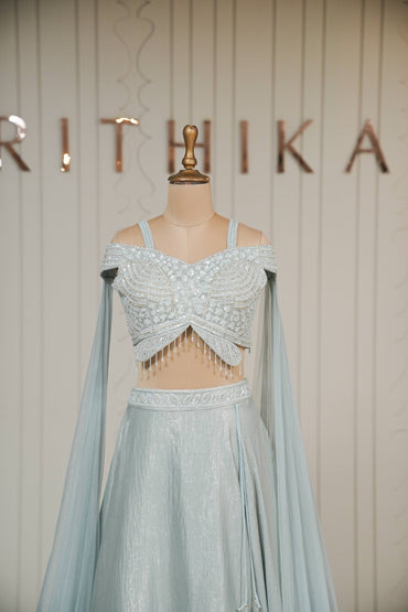 Ice Blue Tissue Embellished Lehenga Set with Cape Dupatta