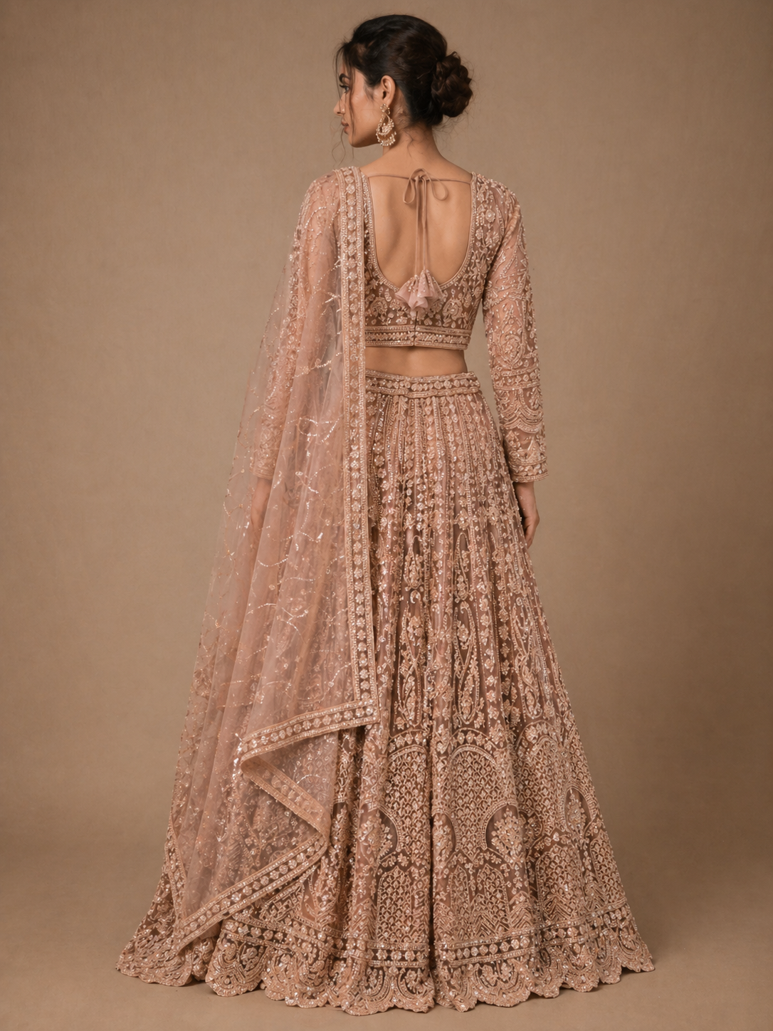 Nude Gold Embroidered Bridal Lehenga Set with Sheer Net Dupatta