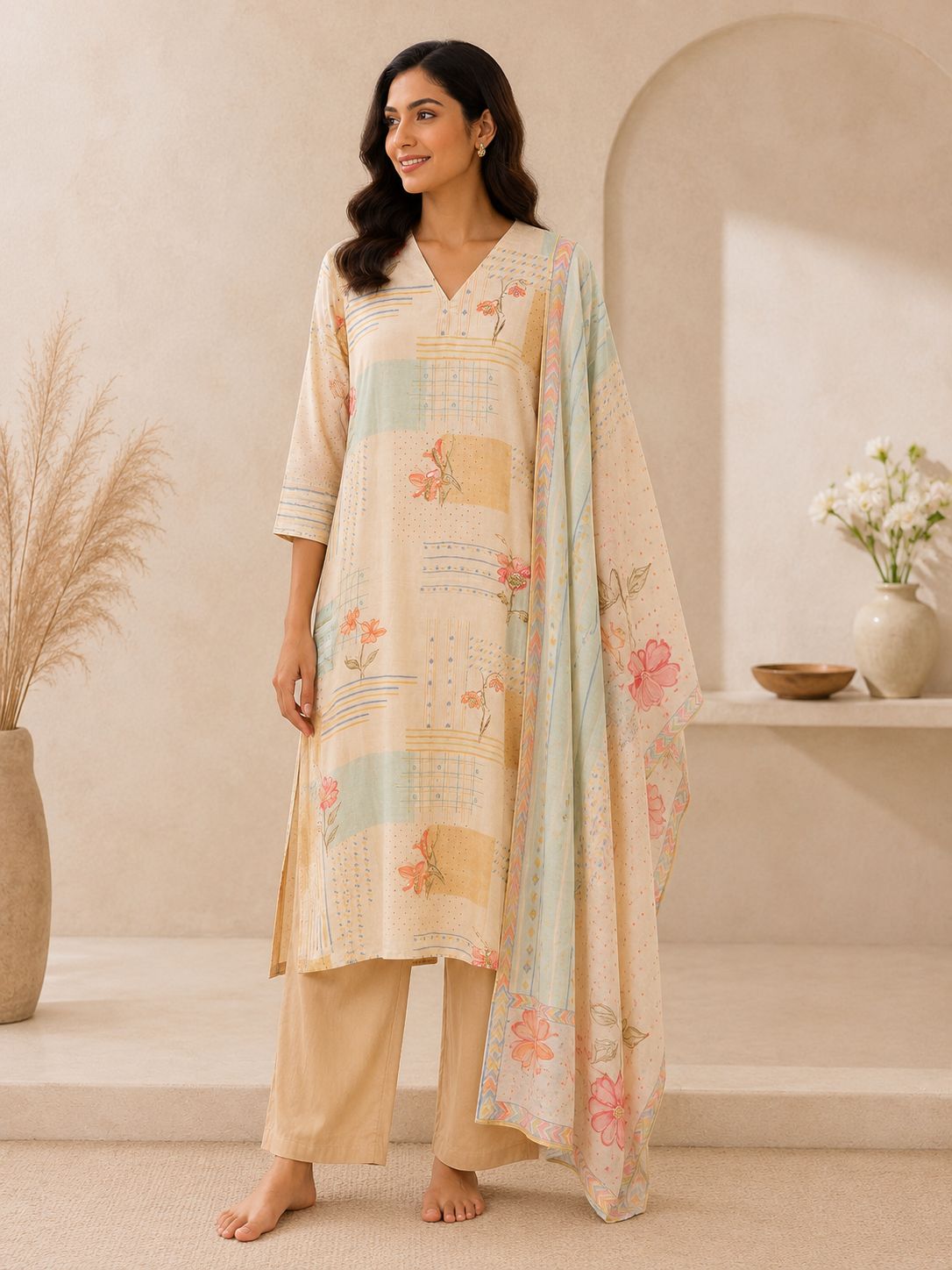 Women's Floral Print Soft Silk Kurta Pant Set with Dupatta