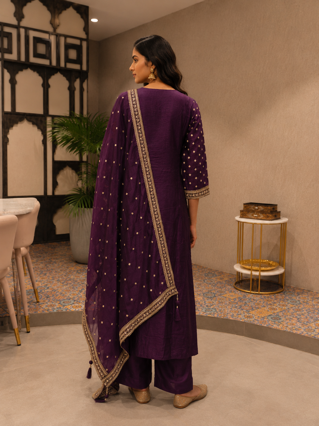 Royal Purple Vichitra Silk A-Line Embroidered Kurta Set with Dupatta