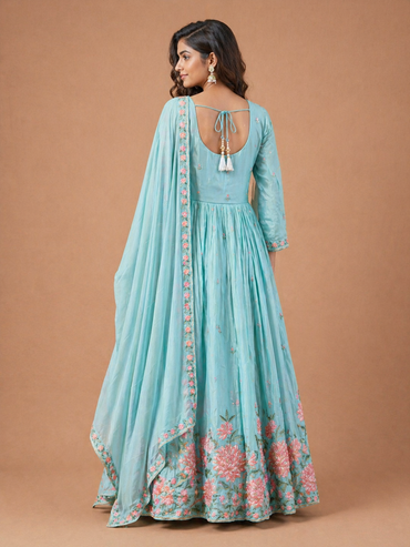 Aqua Blue Floral Anarkali Set with Dupatta | Wedding & Mehendi Wear