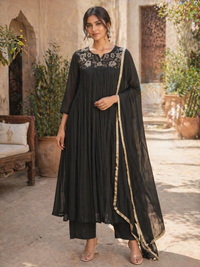 Elegant Black Chinnon Silk Anarkali Set with Embroidered Yoke & Dupatta