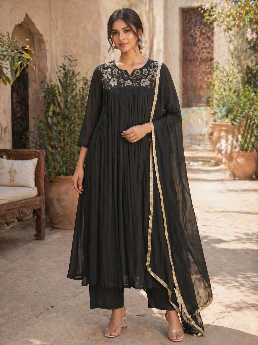 Elegant Black Chinnon Silk Anarkali Set with Embroidered Yoke & Dupatta