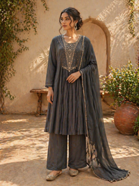 Charcoal Grey Chinnon Silk Anarkali Suit Set with Dupatta | Elegant Festive Wear