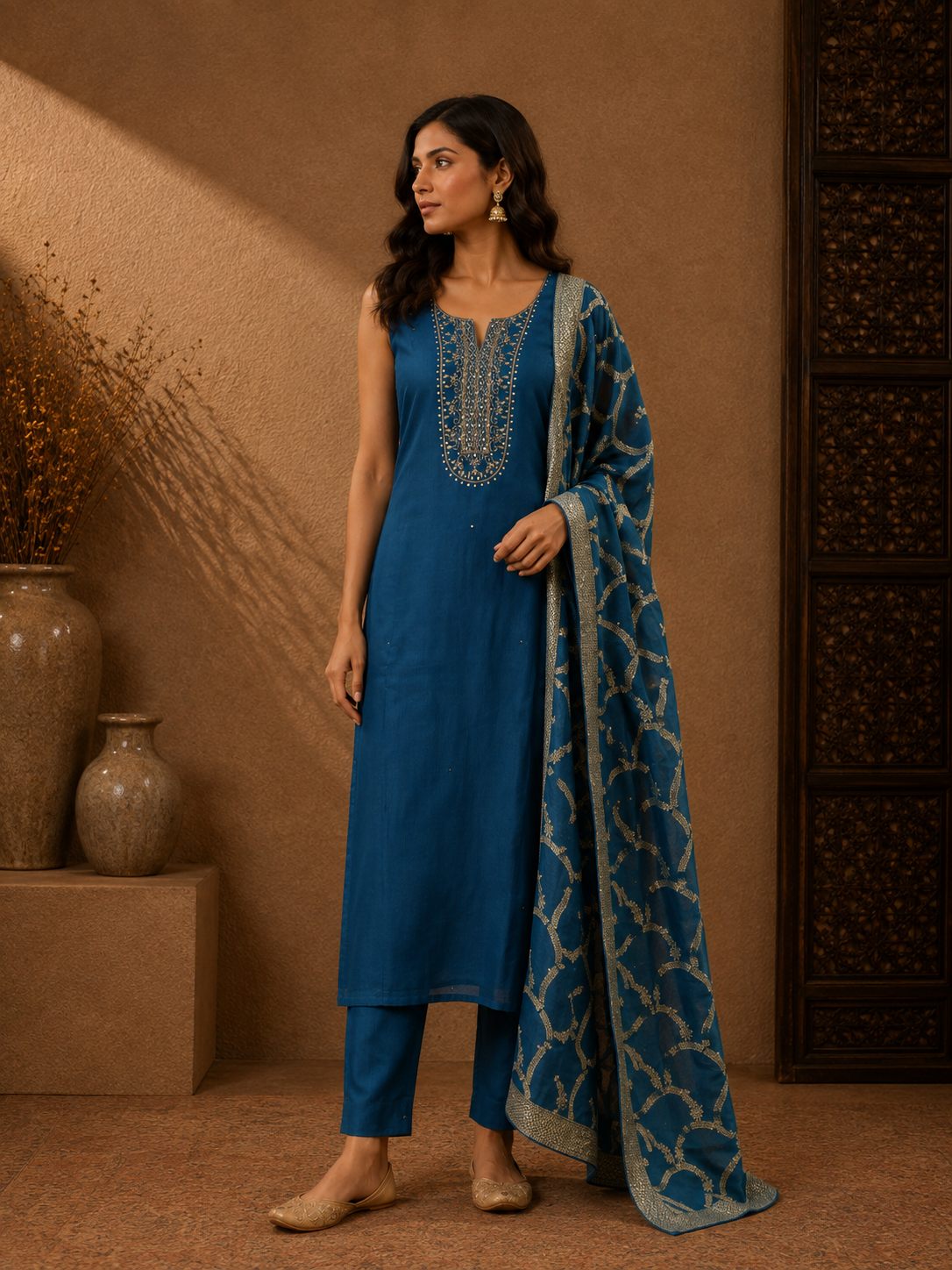 Royal Teal Soft Silk Embroidered Kurta Set with Designer Dupatta