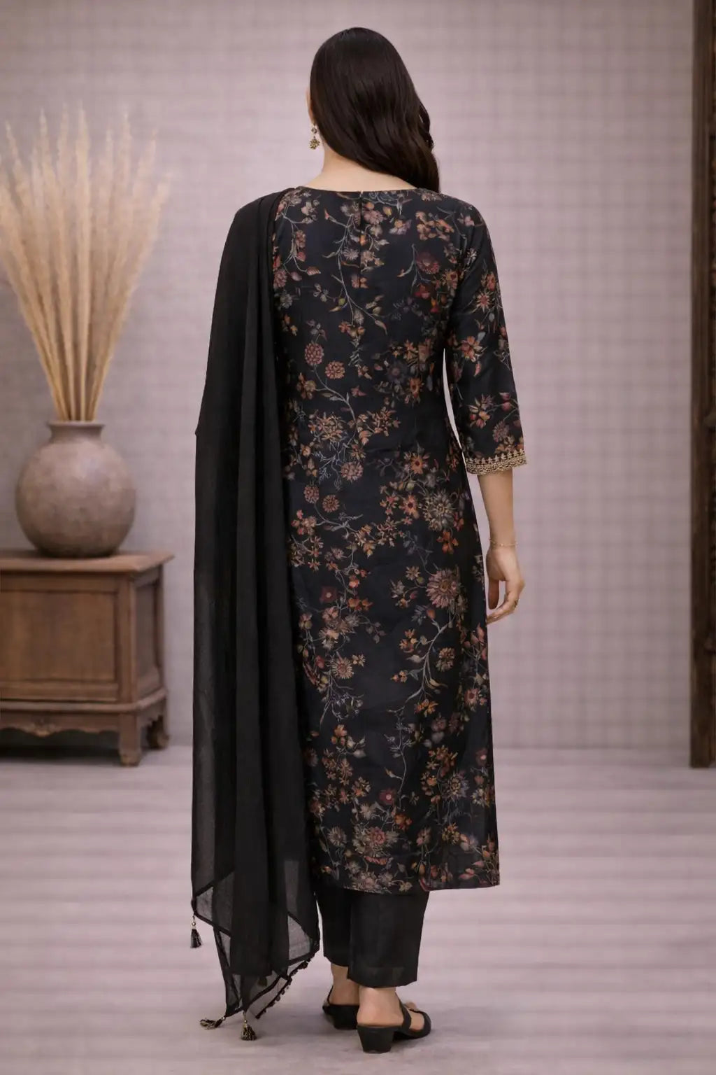 Women's Black Silk Floral Printed Kurta Pant Set with Dupatta