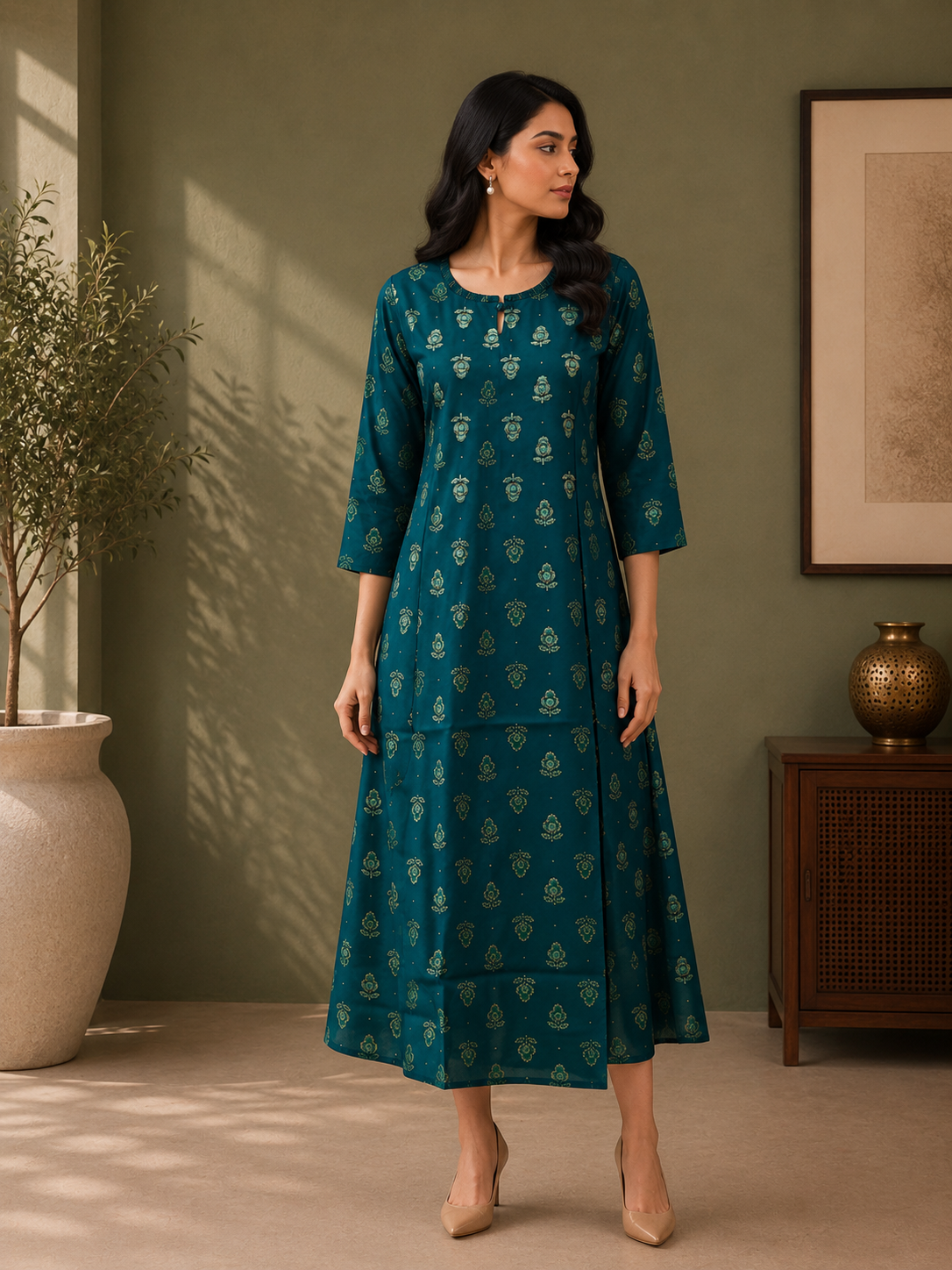 Teal Green Muslin Silk Printed A-Line Dress for Women