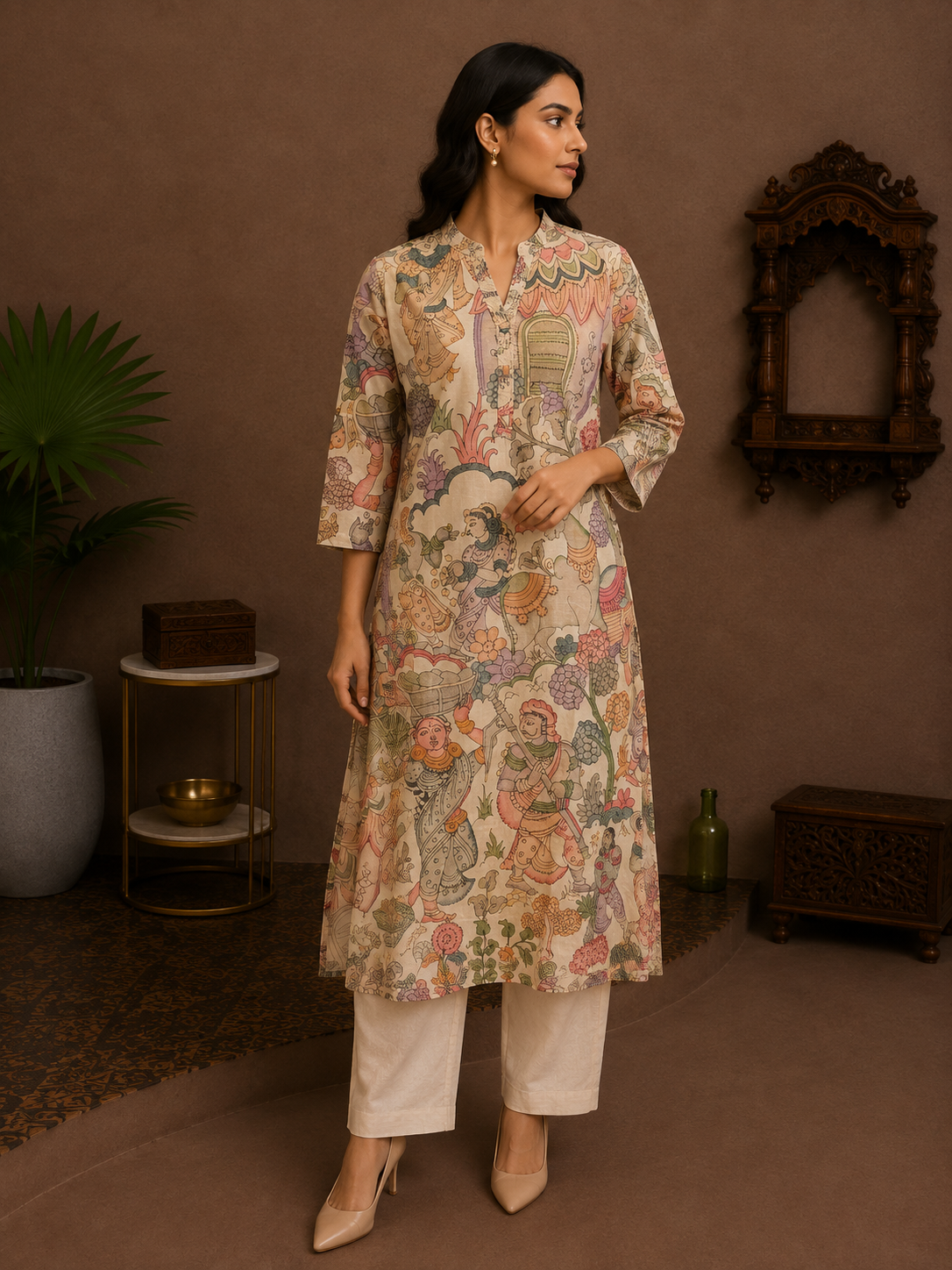 Ivory Kalamkari Cotton Kurta Pant Set