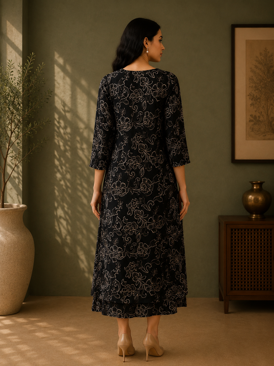 Black Muslin Silk Floral Printed A-Line Dress for Women