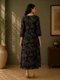 Black Muslin Silk Floral Printed A-Line Dress for Women