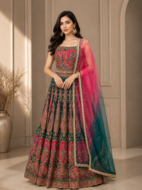 Teal & Pink Embroidered Silk Lehenga Set with Net Dupatta