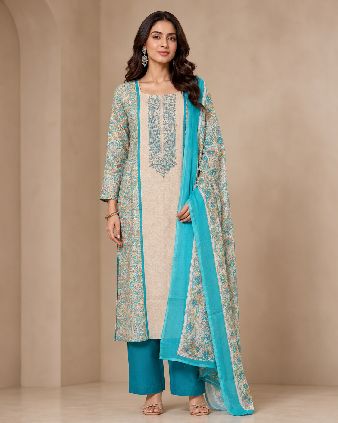 Premium Muslin Silk Paisley Printed Straight Suit Set with Dupatta – Ivory & Turquoise