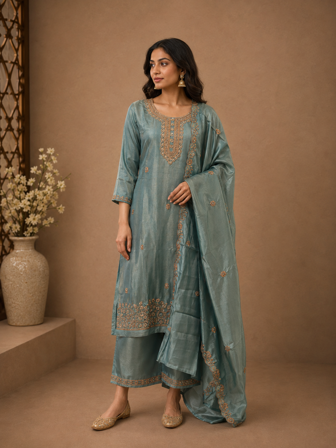 Sea Green Soft Silk Embroidered Kurta Set with Dupatta