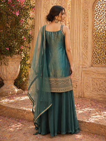 Deep Teal Tissue Silk Kurta Set with Palazzo & Embroidered Dupatta | Festive & Wedding Wear