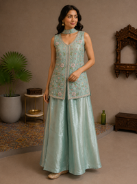 Seafoam Green Embroidered Silk Jacket Palazzo Set