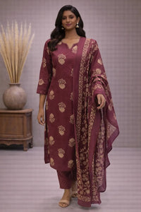 Women's Maroon Cotton Printed Kurta Pant Set with Dupatta