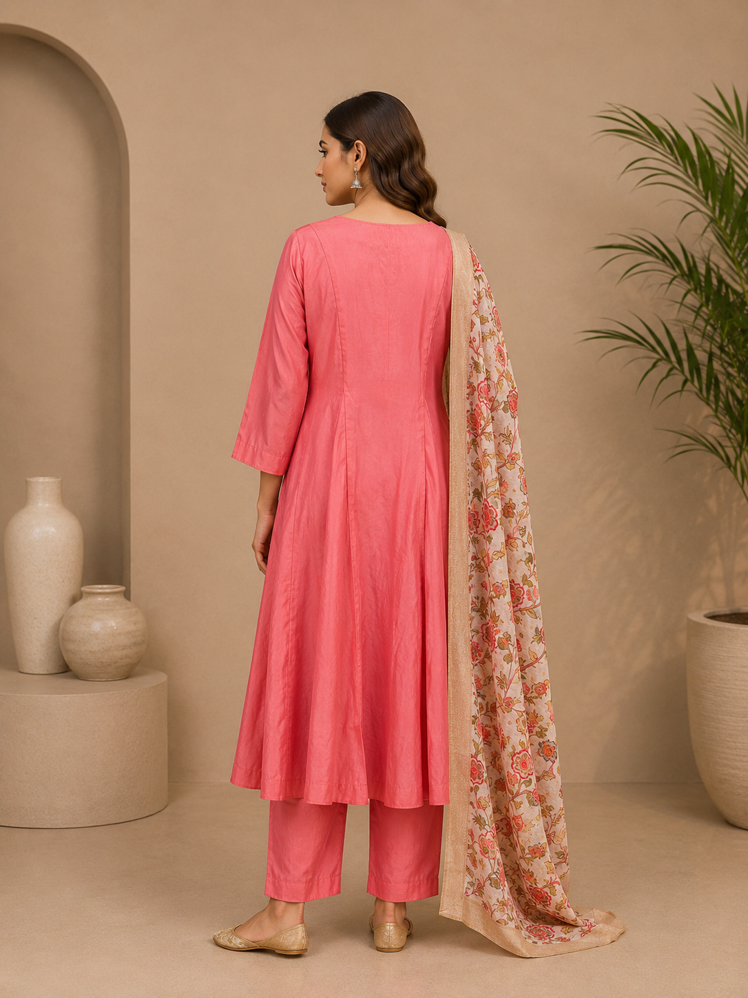 Women's Muslin Silk Anarkali Kurta Pant Set with Floral Dupatta