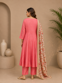 Women's Muslin Silk Anarkali Kurta Pant Set with Floral Dupatta