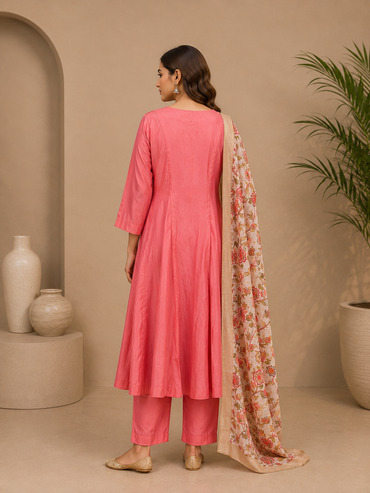 Women's Muslin Silk Anarkali Kurta Pant Set with Floral Dupatta
