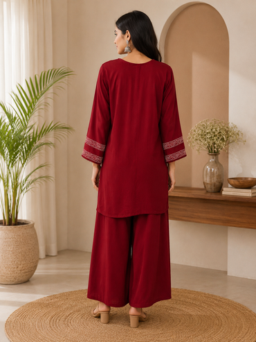Women's Maroon Bandhani Print Rayon Kurta Palazzo Set