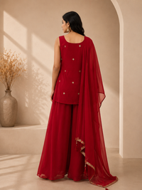 Premium Georgette Sharara Suit Set with Paisley Embroidered Kurta & Dupatta – Deep Red