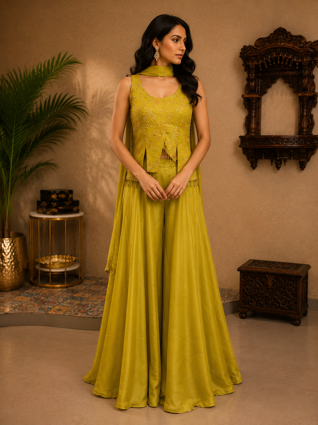 Green Banarasi Brocade Silk Embellished Palazzo Set