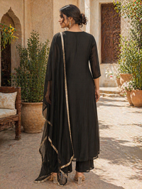 Elegant Black Chinnon Silk Anarkali Set with Embroidered Yoke & Dupatta