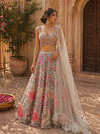 Designer Net Lehenga Set with Multicolor Floral Embroidery & Embellished Blouse | Bridal & Festive Wear