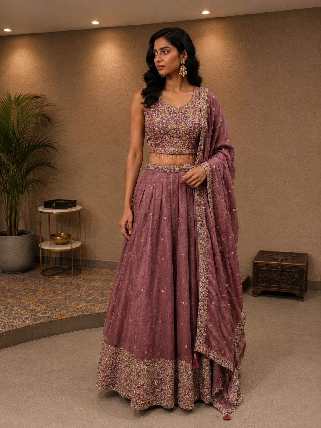 Dusty Rose Embroidered Silk Lehenga Set
