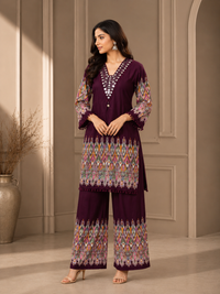 Wine Purple Printed Rayon Kurta Set with Palazzo Pants