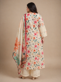 Cream Floral Printed Cotton Kurta Set with Dupatta (Plus Size Friendly)