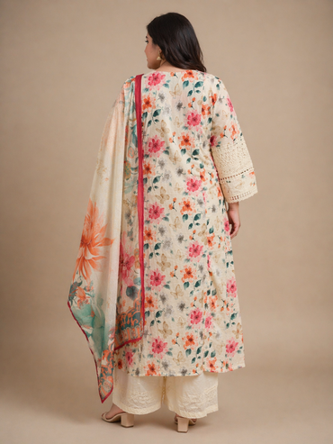 Cream Floral Printed Cotton Kurta Set with Dupatta (Plus Size Friendly)