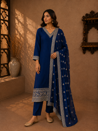 Royal Blue Vichitra Silk Embroidered Kurta Set with Matching Dupatta