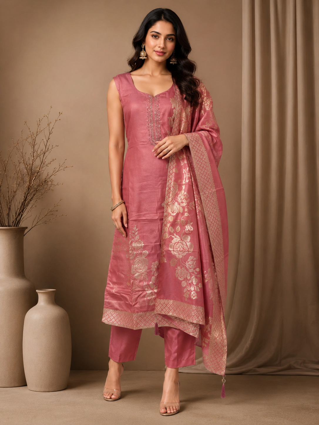 Rose Pink Silk Designer Suit Set with Embroidered Dupatta