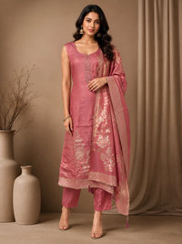 Rose Pink Silk Designer Suit Set with Embroidered Dupatta