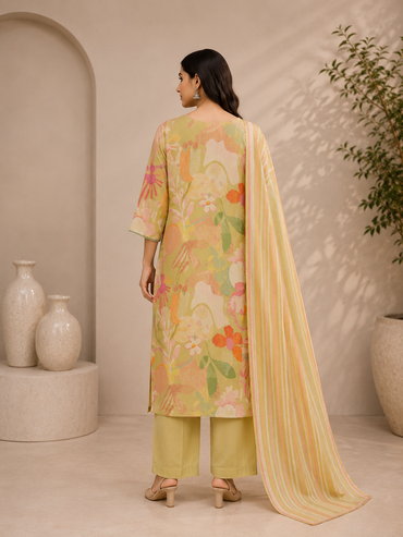 Women's Floral Print Soft Silk Kurta Pant Set with Dupatta – Yellow